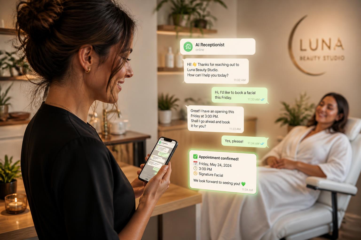 Recepcionista de IA ayudando en Spa y estética